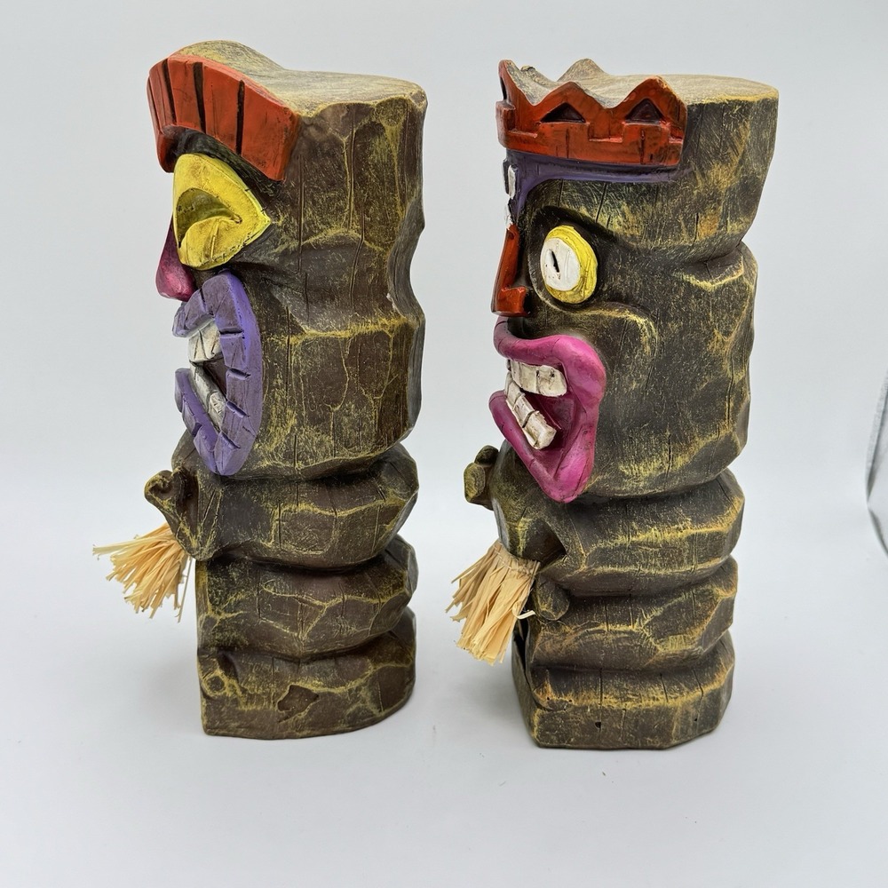 Set of 2 Carved Wooden Tiki Figures Polynesian Island Decor 10" - Picture 2 of 8